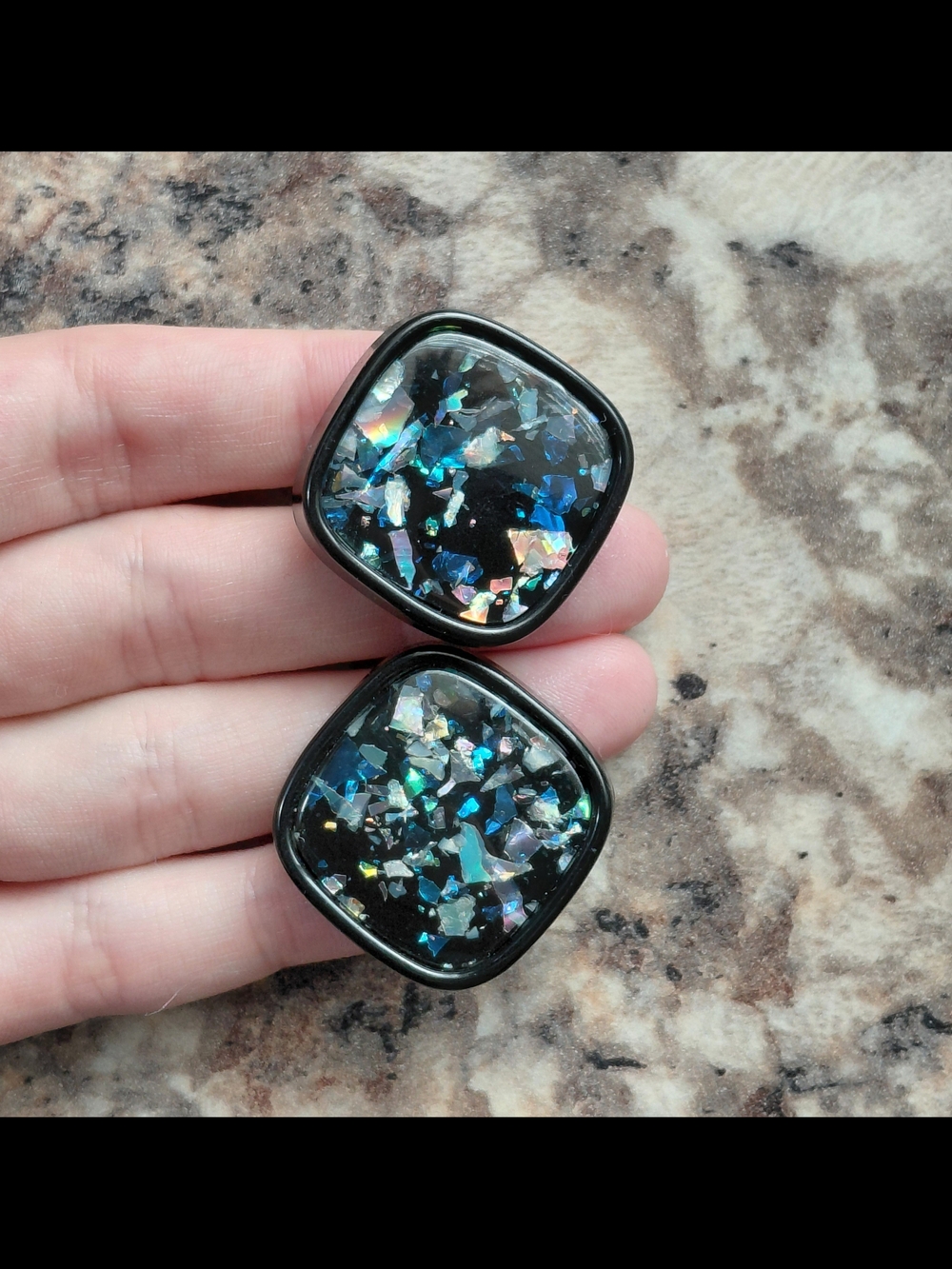 Vintage 80s Iridescent Confetti Black Lucite Chunky Square Clip On Earrings